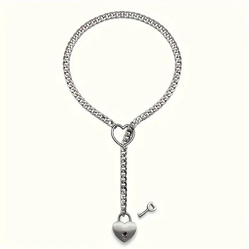 Adjustable Heart O-Ring Punk Rock Cuban Chain Necklace – Lariat Y-Style Necklace with Key & Heart Lock Pendant