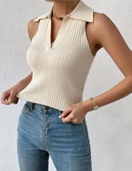 Summer V-Neck Ribbed Knit Crop Top - Sleeveless Turndown Collar in 10 Colors